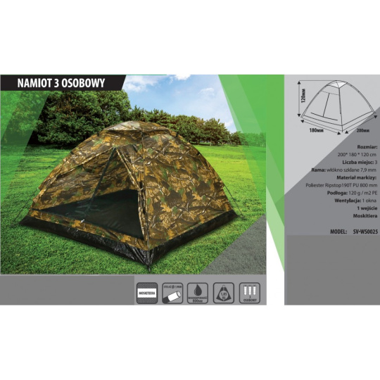 Sportvida Turistický stan pre 3 osoby maskáčový camo s moskytiérou Sportvida Turistický stan pre 3 osoby maskáčový camo s moskytiérou